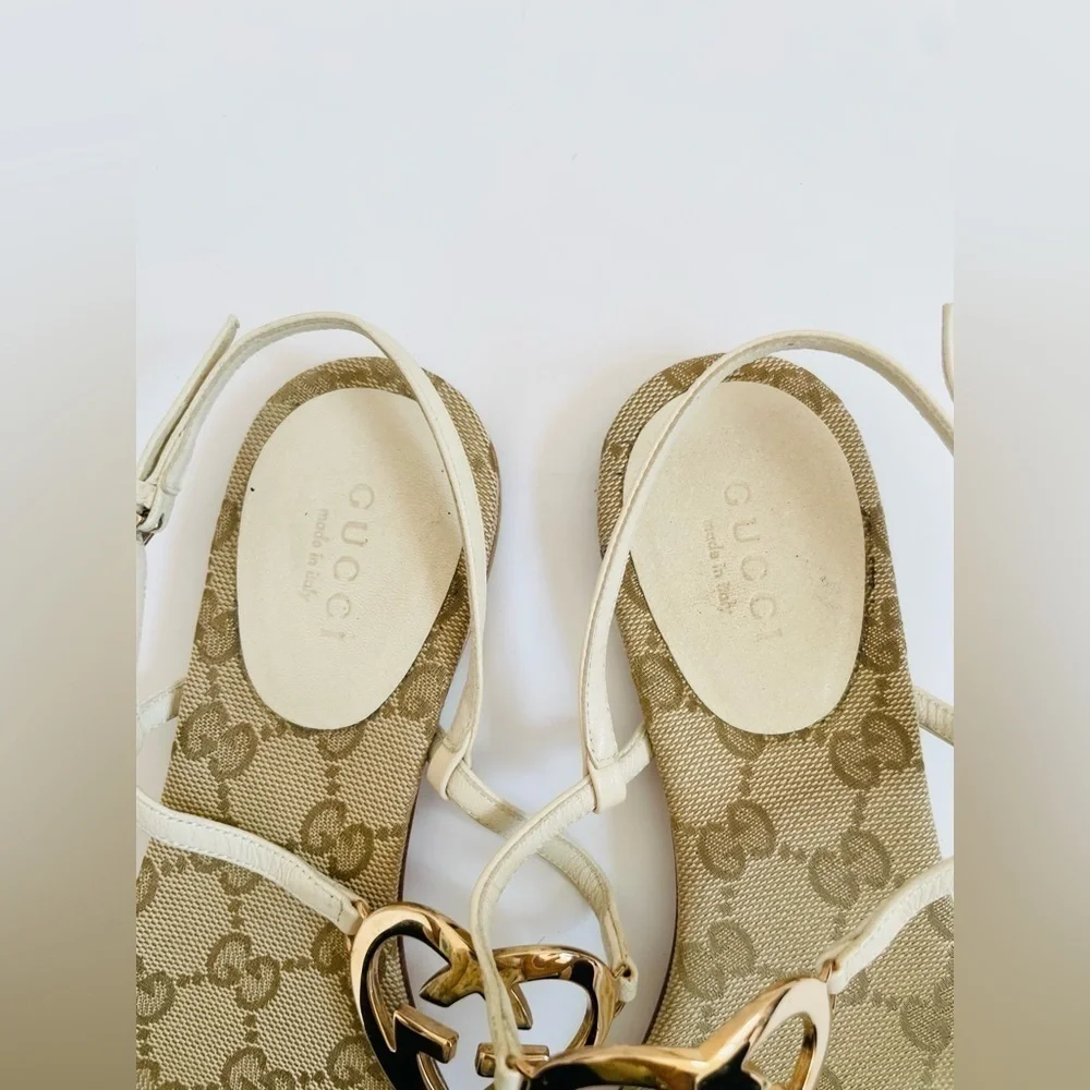 Gucci White leather GG supreme canvas interlocking heart thong sandals EU 36.5 - Picture 3 of 8